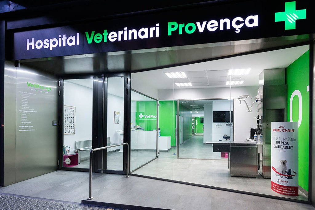 Fachada iluminada de un hospital veterinario al anochecer — hora azul, fotografía corporativa Fotointeriores